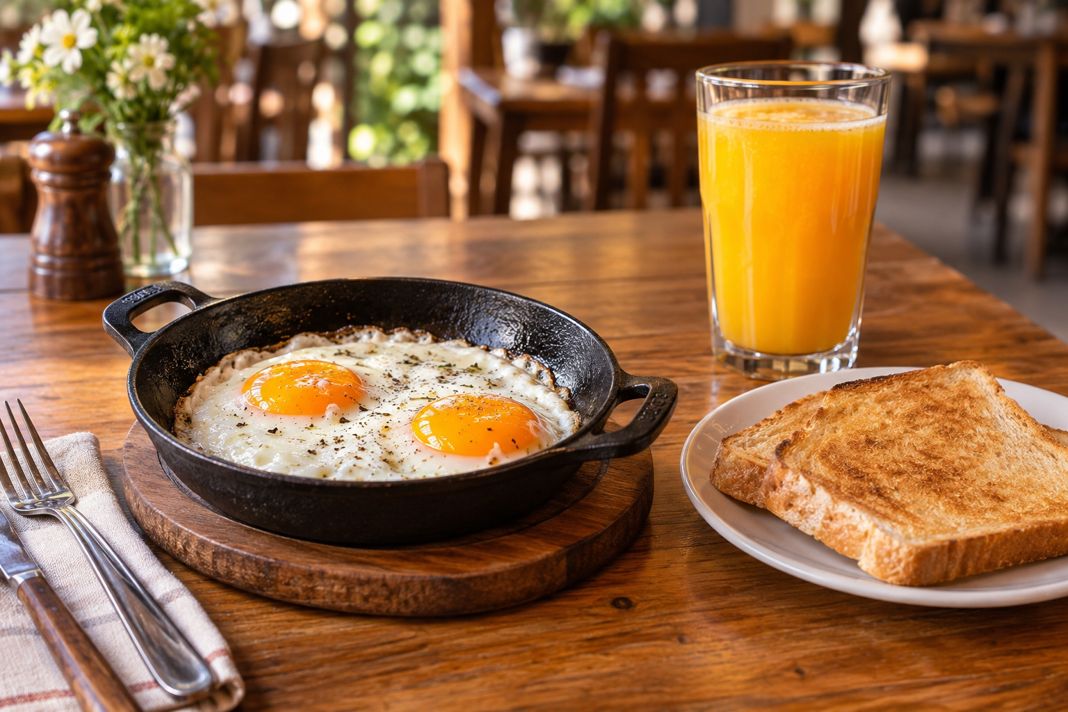 Paila con huevos y jugo de naranja