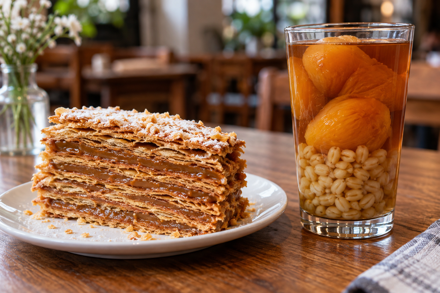 Torta de hoja y mote con huesillo